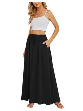 High Waisted Pleated Chiffon Maxi Skirt with Pockets Flowy Summer Long Skirt